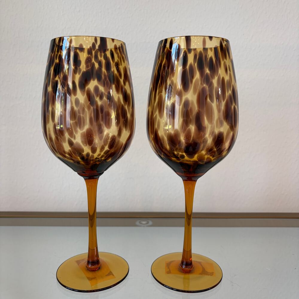 Bella Lux Tortoiseshell Wine Glass Set of 2 Chic Barware NEW